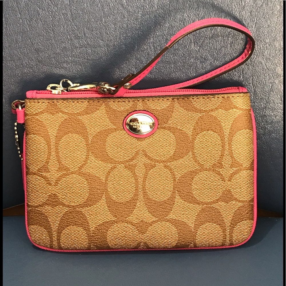 Coach brown /pink leather signature wristlet